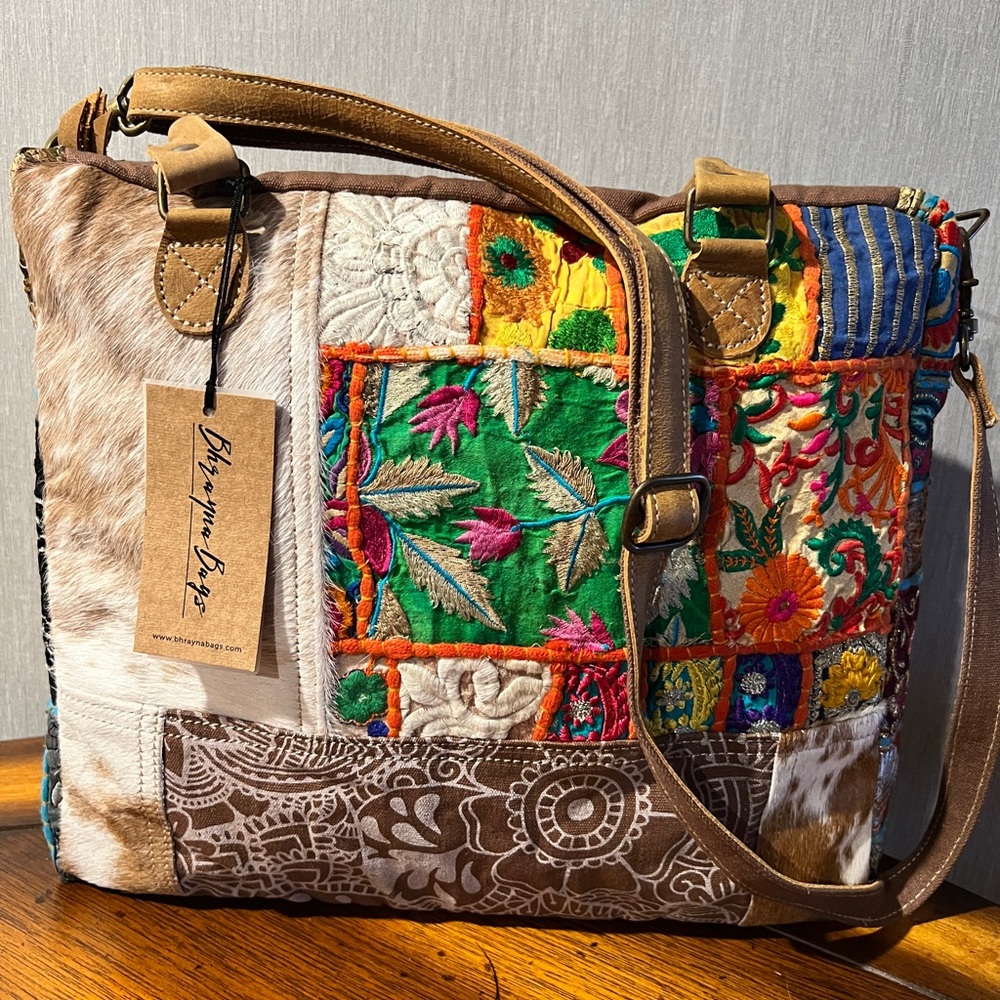 Leather Cowhide Embroidered  Patchwork Crossbody Boho Western Hippie Gypsy Bag